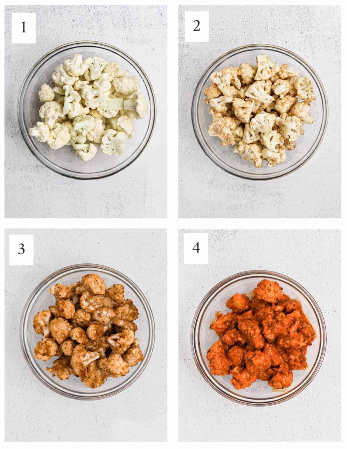 Four different stages of buffalo cauliflower, all in round glass bowls.