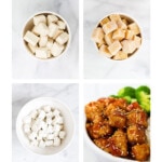 4 step by step pictures of how to make tofu. the first is of regular, cut tofu, the second is frozen tofu, the third is tofu coated in cornstarch, and the final is of a finished bowl of sesame tofu.