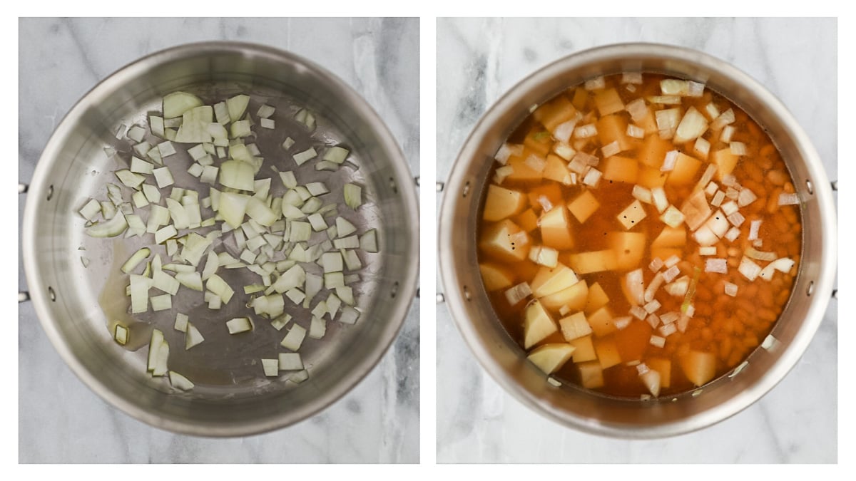 Two side by side steel pots, the first with onion and olive oil, the second with potatoes, beans, and broth.