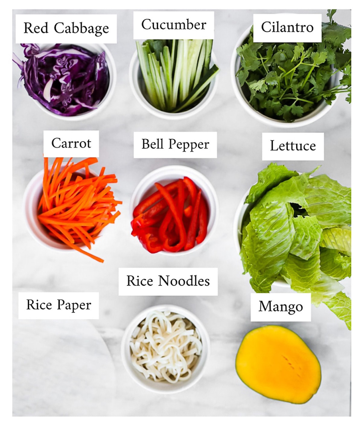 Labeled ingredients including: red cabbage, cucumber, cilantro, carrot, bell pepper, lettuce, rice paper, rice noodles, mango.