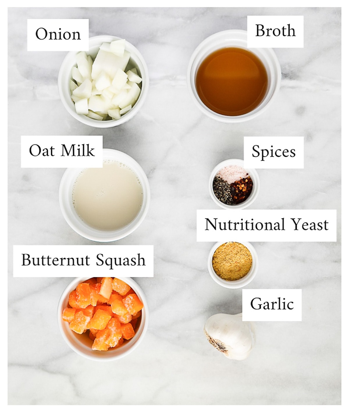 Labeled ingredients including: onion, broth, oat milk, spices, nutritional yeast, butternut squash, and garlic.