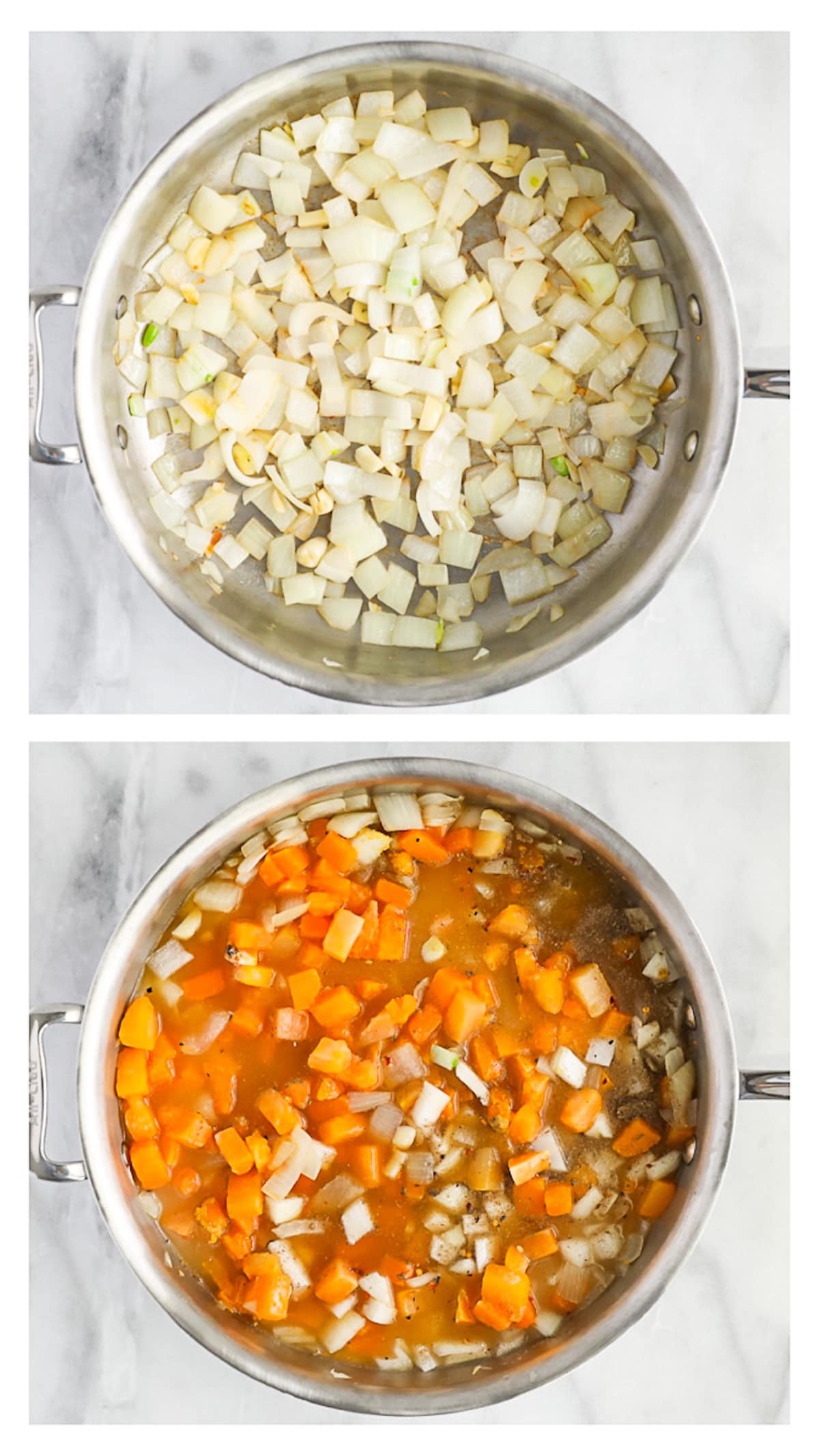 Two side by side pictures of pans. One filled with onion and garlic, the second has butternut squash and broth added.