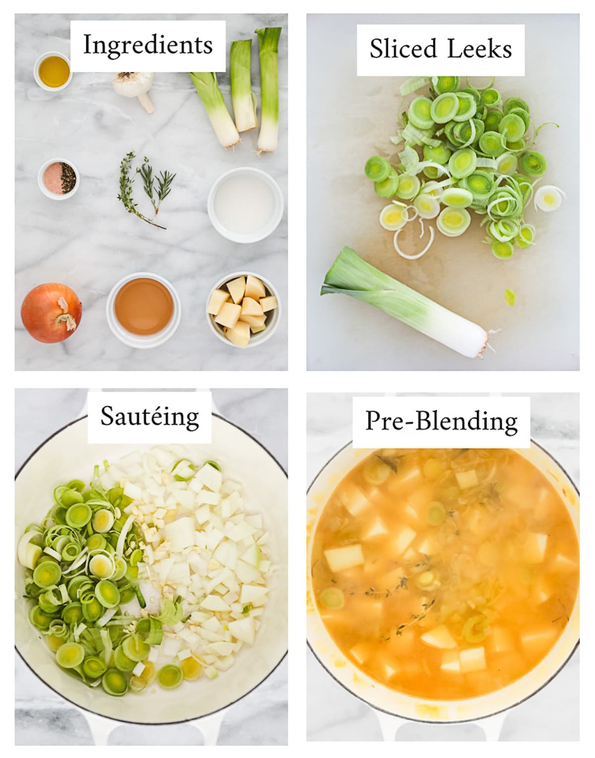 4 pictures including: soup ingredients, sliced leeks, sauteing leeks and onions, and cooked soup before blending.