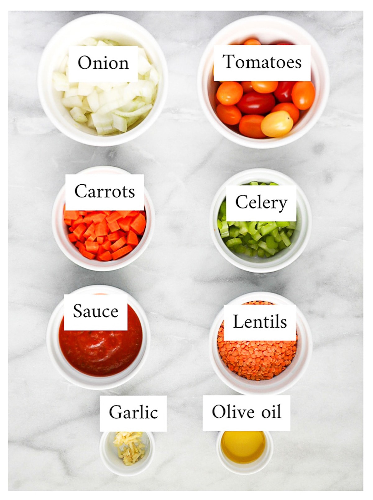Labeled ingredients for bolognese including: onion, tomatoes, carrots, celery, sauce, lentils, garlic, and olive oil.