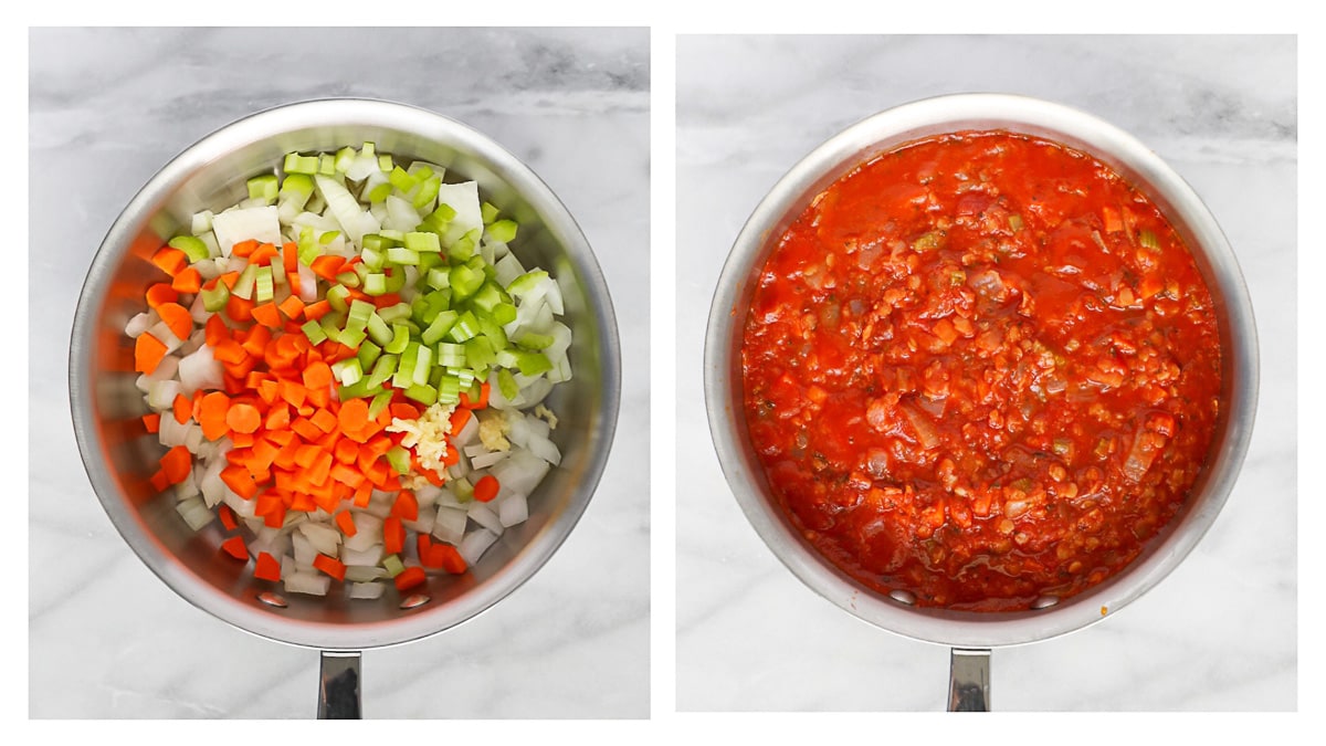Side by side pictures of pots, one has onion, celery, and carrots, the second has a bolognese sauce inside it.