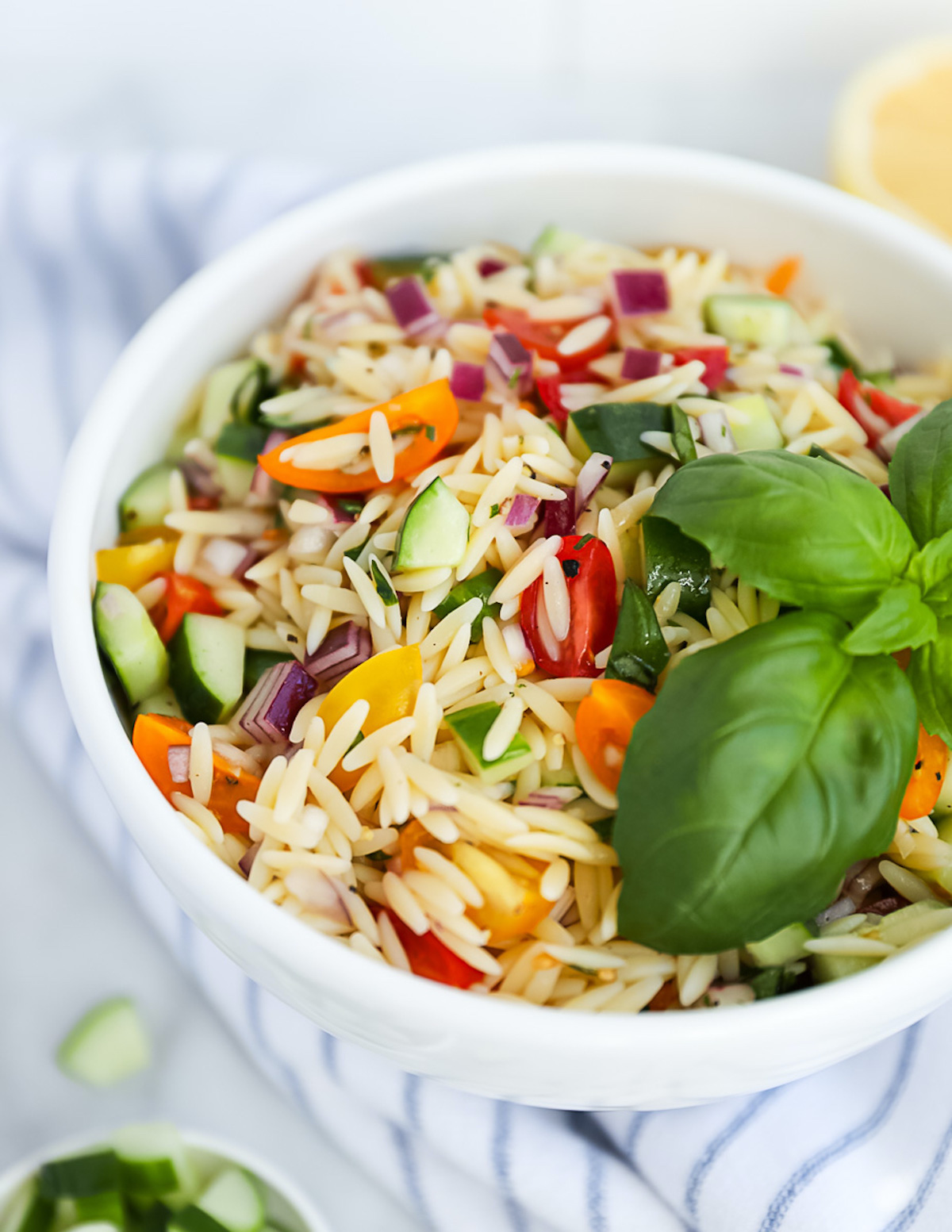 A close-up picture of a bowl filled with orzo salad, tomatoes, cucumbers, onion, and herbs.
