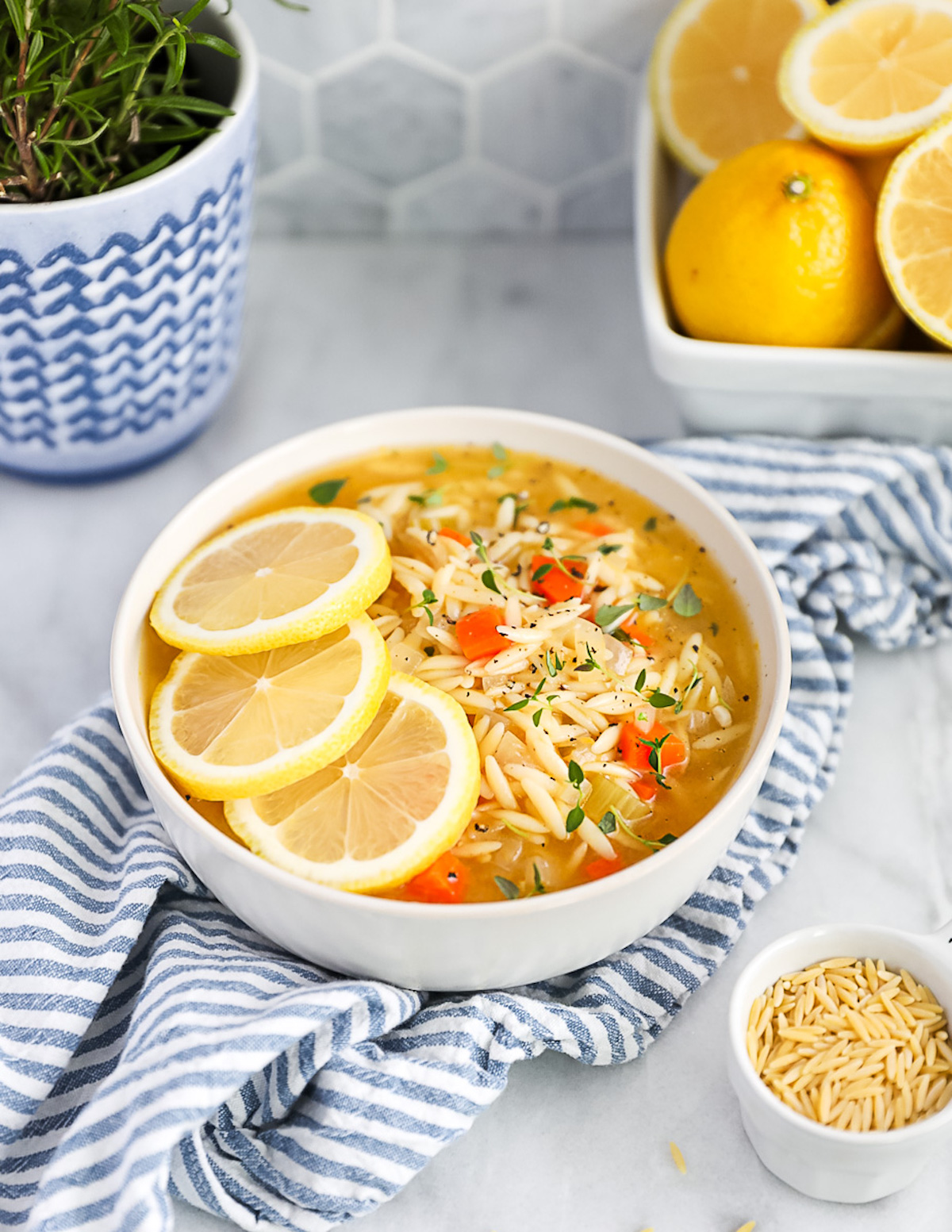 A large bowl filled with soup. There is a pot of fresh herbs and a bowl of lemons, and a measuring cup of orzo in the background.