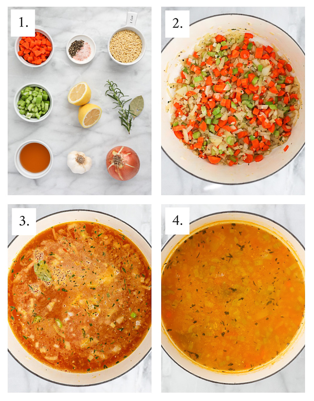 A collage of four pictures, 1 with ingredients, 2 with fresh vegetables in a large pot, 3 with all ingredients and broth in a pot, and 4 with the finished soup.