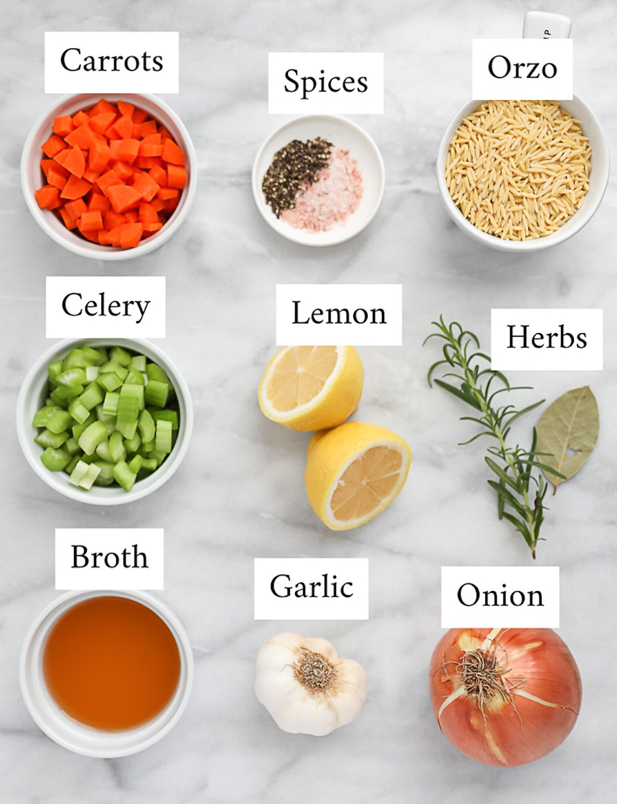 Labeled ingredients including: carrots, spices, orzo, celery, lemon, herbs, broth, garlic, and onion.