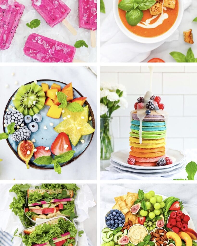 A picture collage with pink popsicles, tomato soup, a blue smoothie bowl, rainbow pancakes, a veggie sandwich, and a veggie board.
