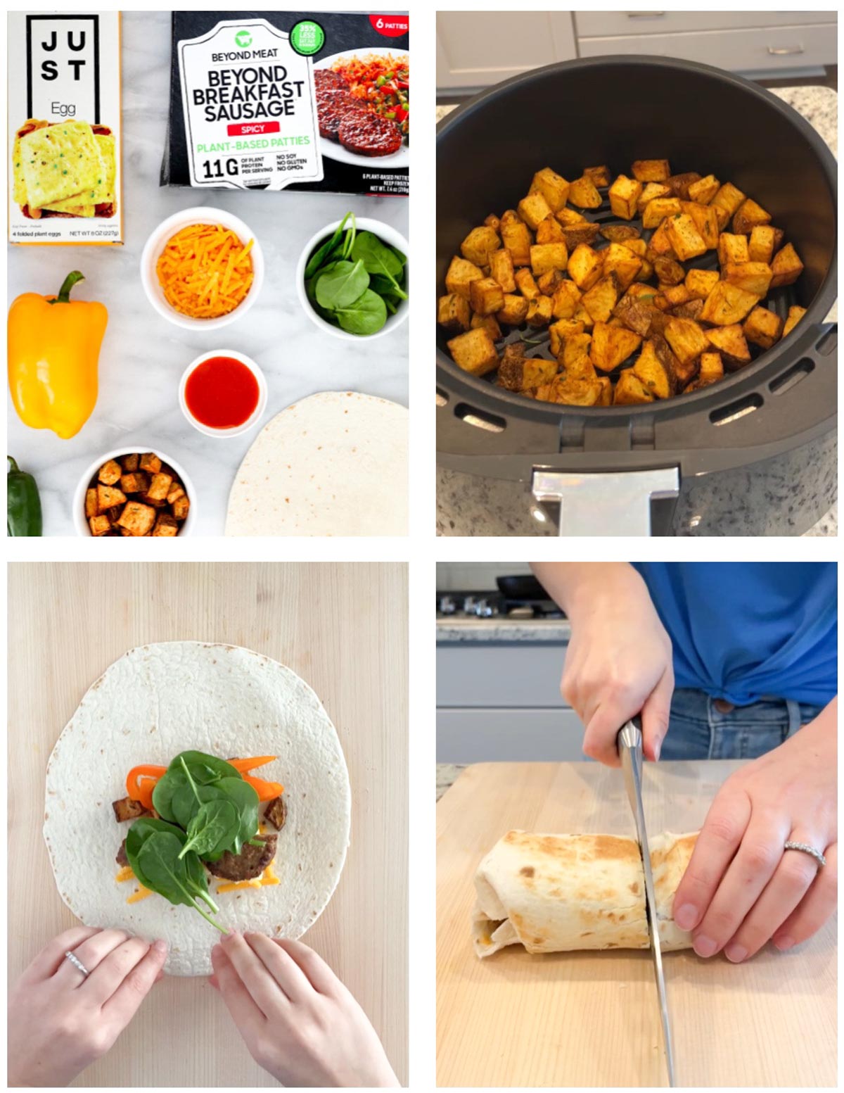 Step by step pictures including a picture of burrito ingredients, air fryer potatoes, wrapping a burrito, and sliced a burrito