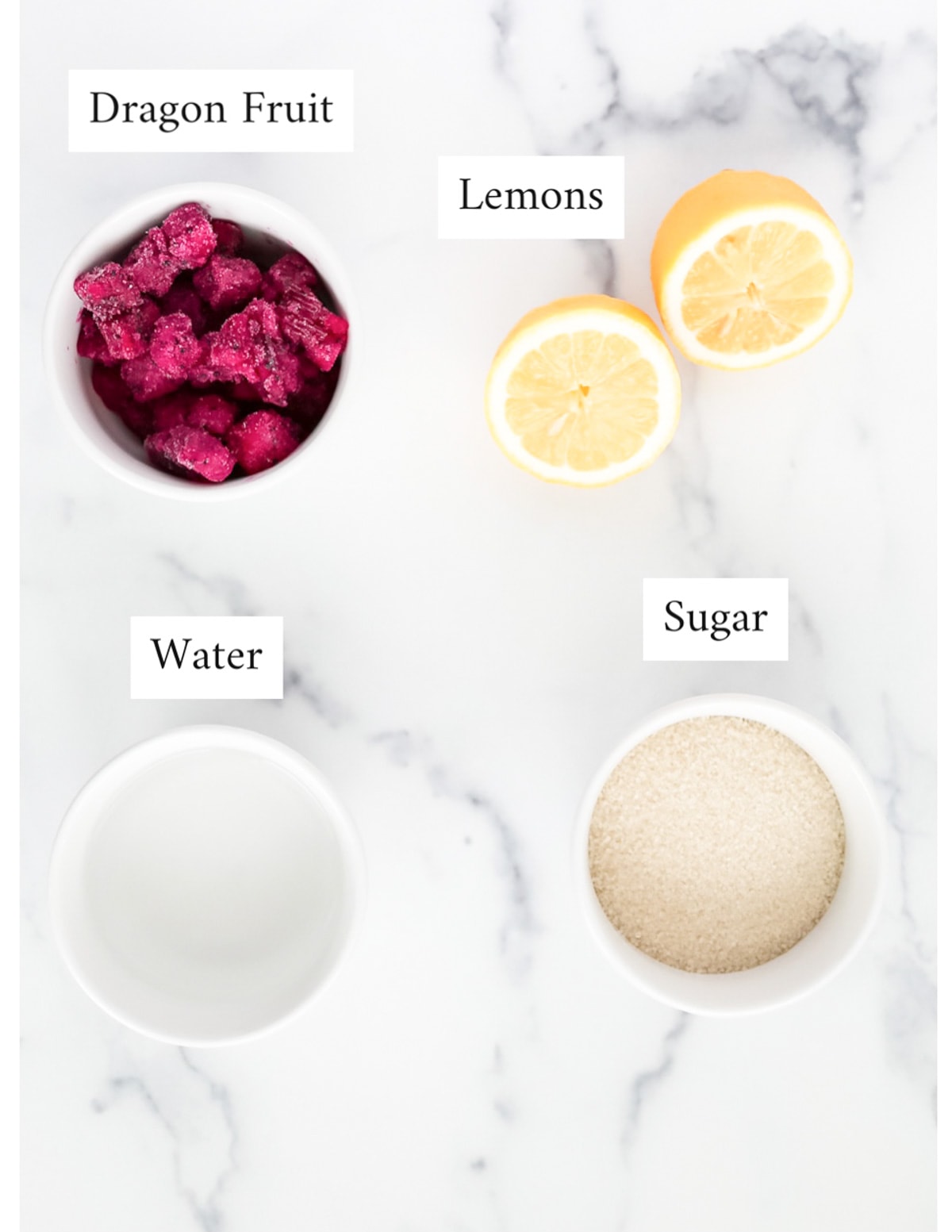 Labeled ingredients including: dragon fruit, lemons, water, and sugar