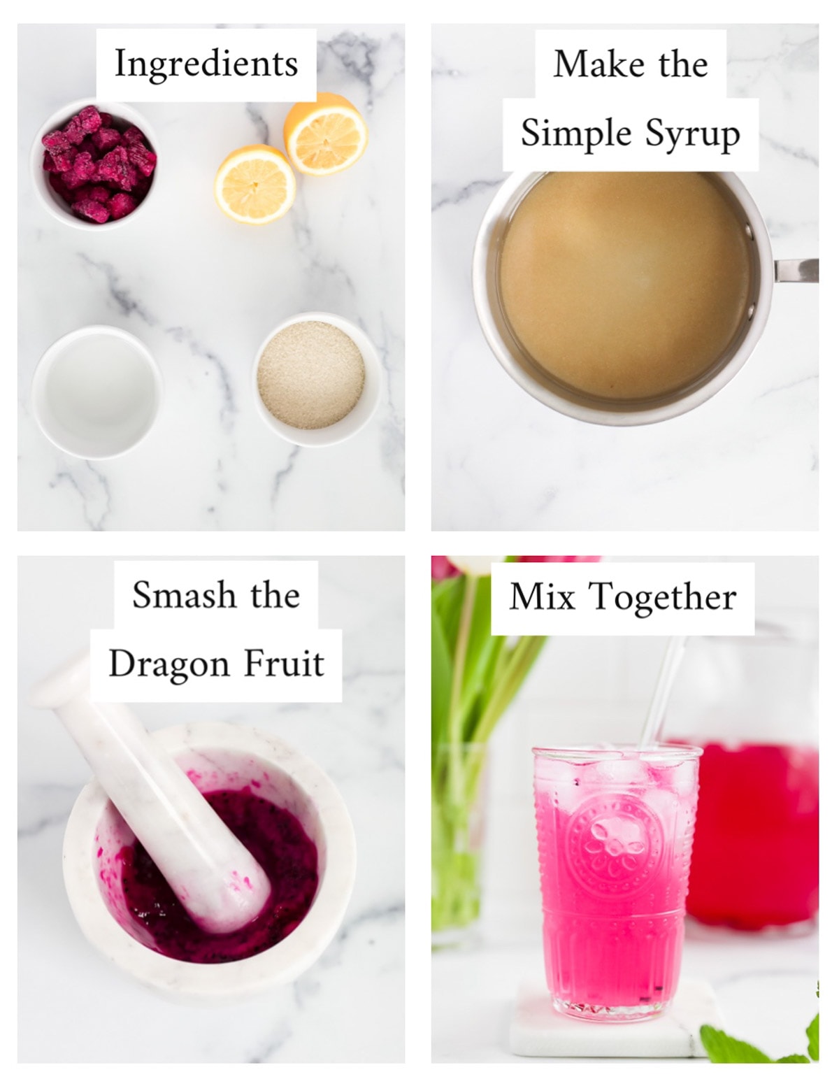 Step by step instructions for making dragonfruit lemonade including: ingredients, make the simple syrup, smash the dragon fruit, mix together