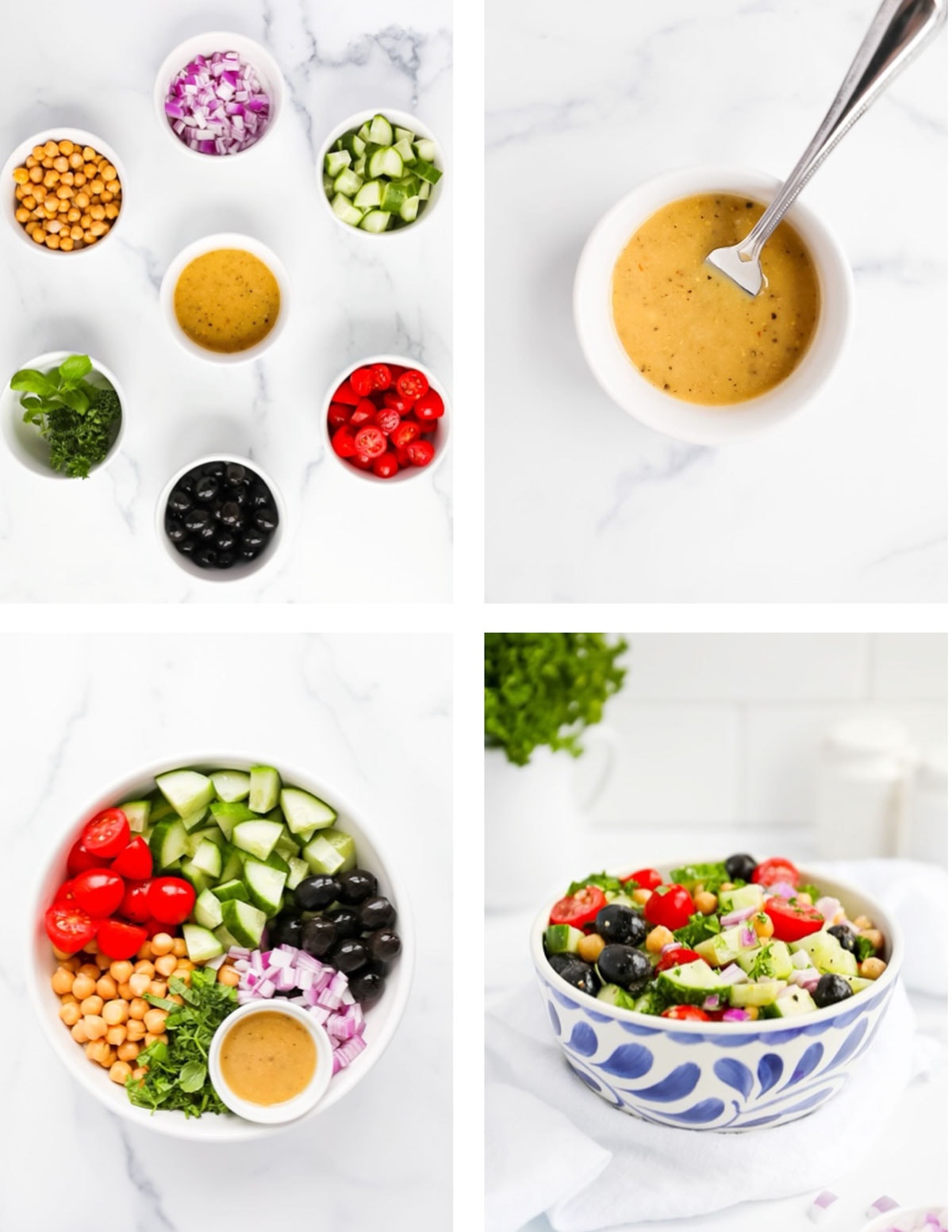 Step by step instructions to make cucumber salad. One picture shows the ingredients in small white bowls, the next shows a homemade salad dressing, then all of the ingredients in a bowl, and the last image is the salad mixed together in a bowl.