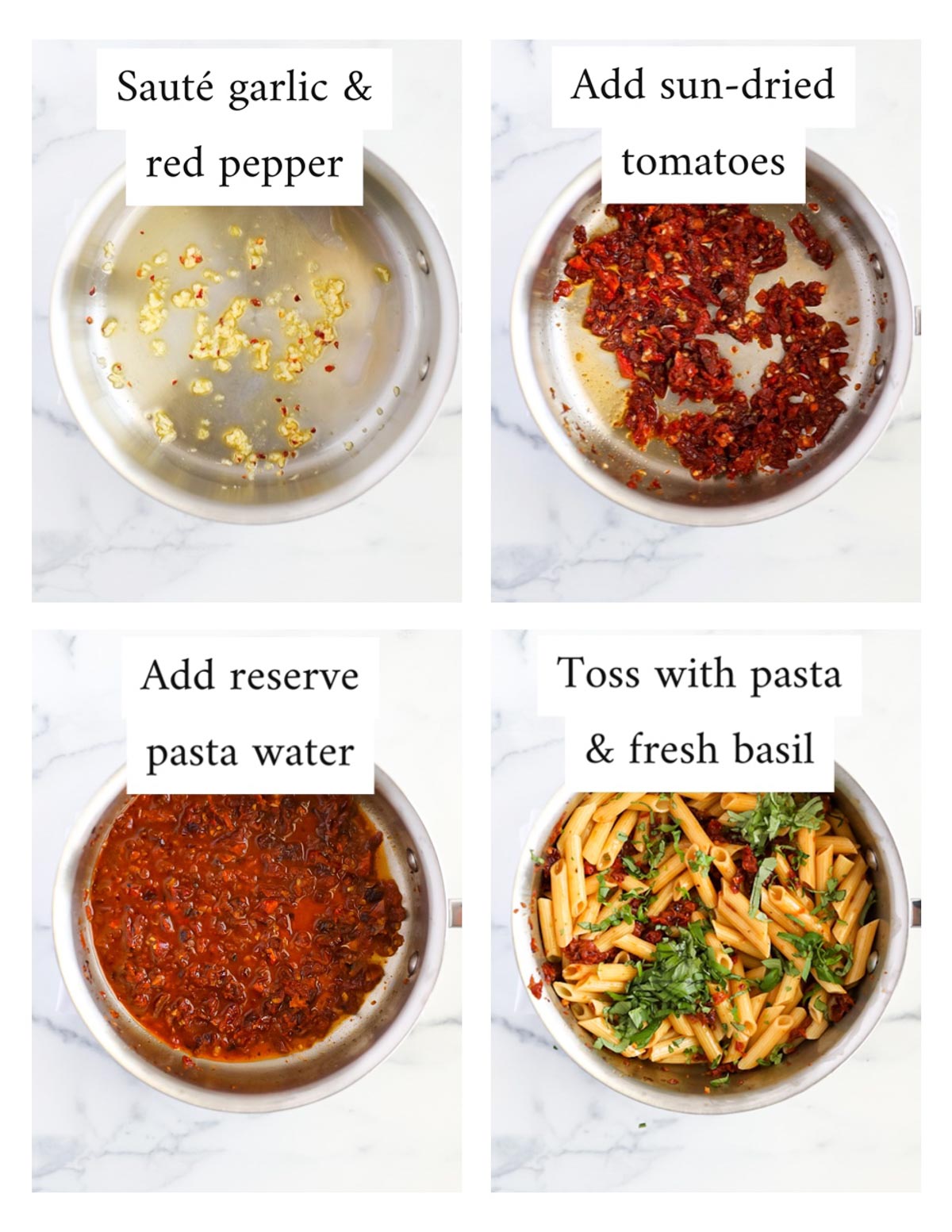 Labeled step by step instructions for making pasta including: saute garlic & red pepper, add sun-dried tomatoes, add reserve pasta water, toss with pasta and fresh basil