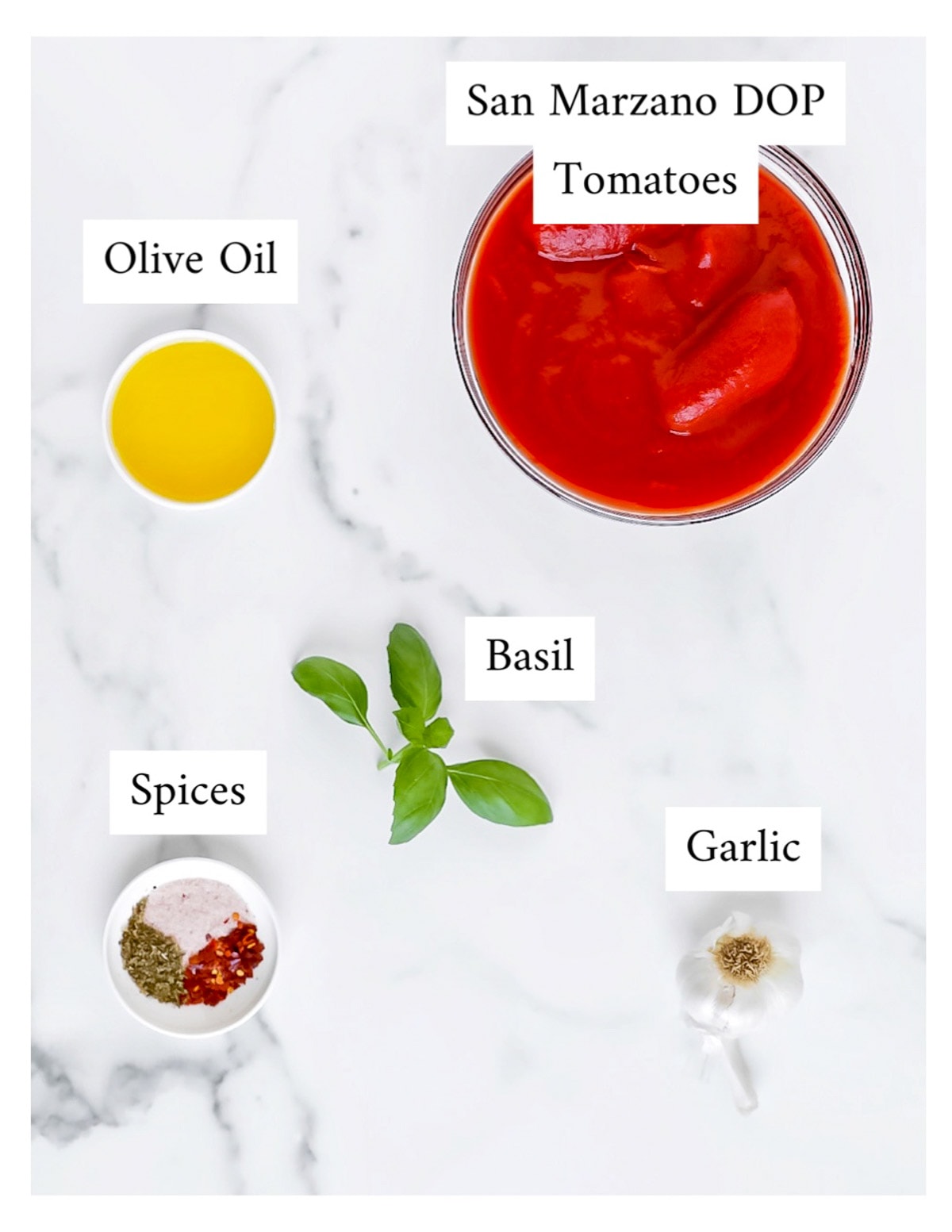 Labeled ingredients including: san marzano DOP tomatoes, olive oil, basil, spices, and garlic