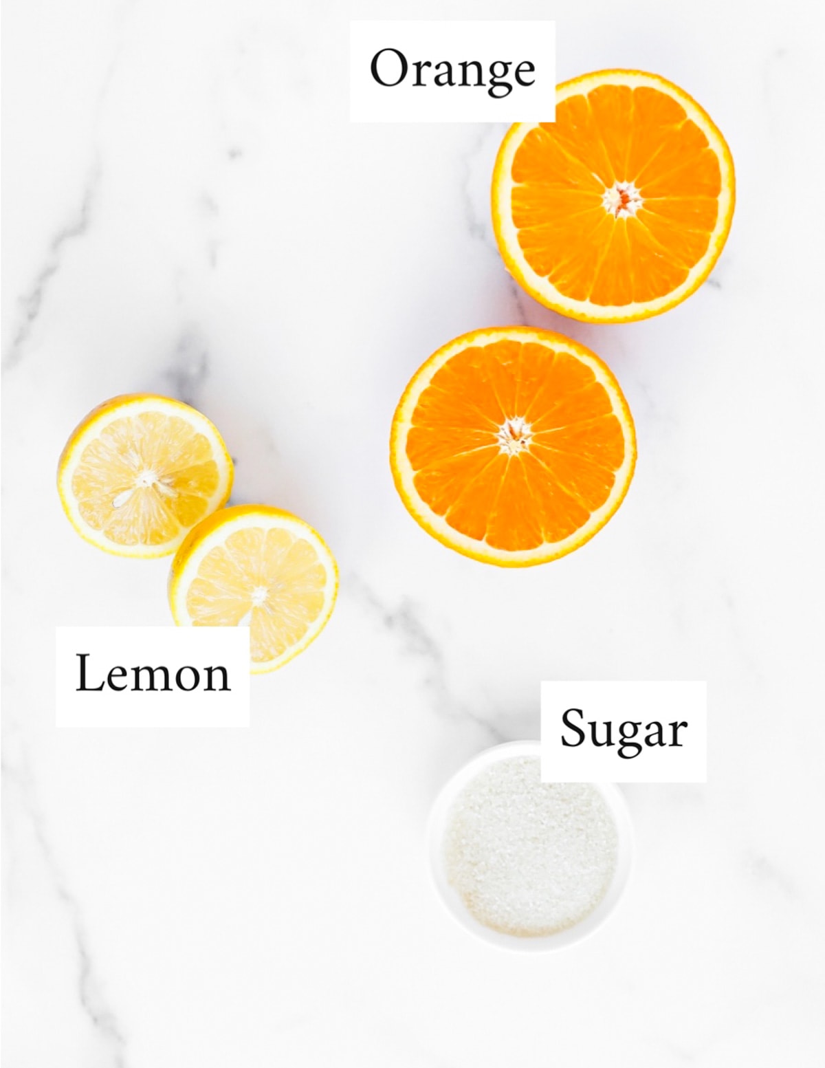 Labeled ingredients including: orange, lemon, sugar
