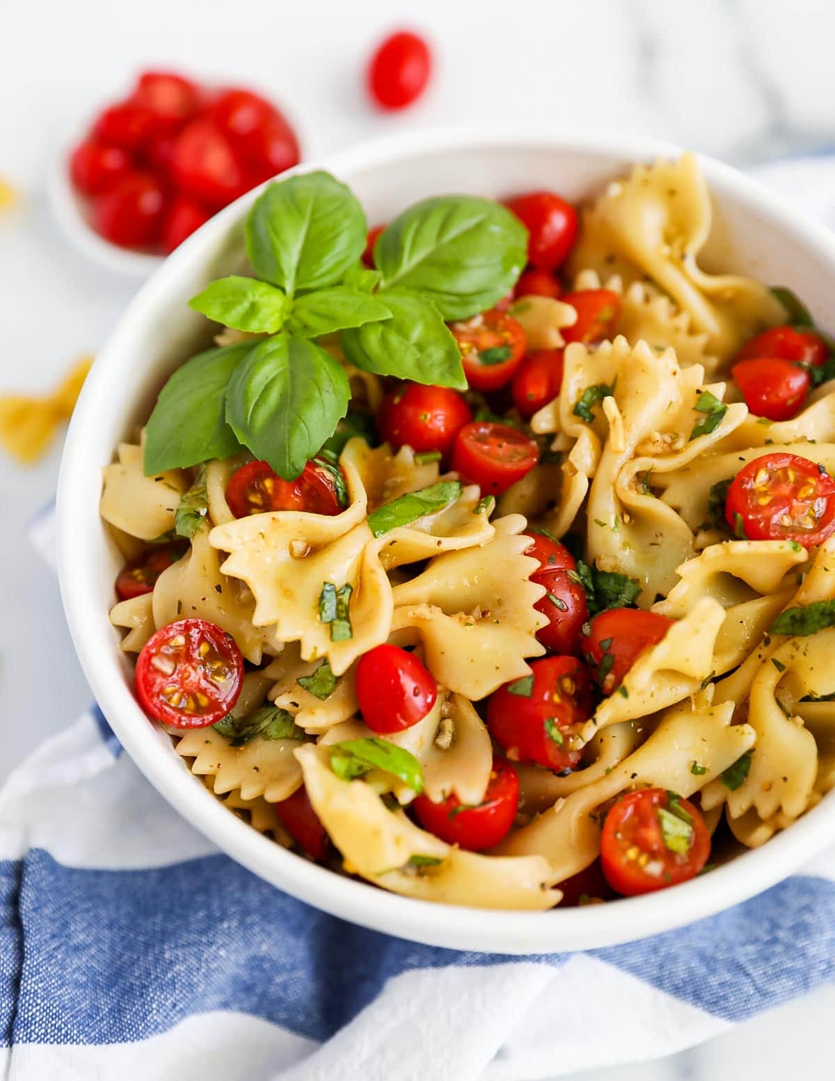 A side angle picture of pasta, sliced red tomatoes, and fresh basil