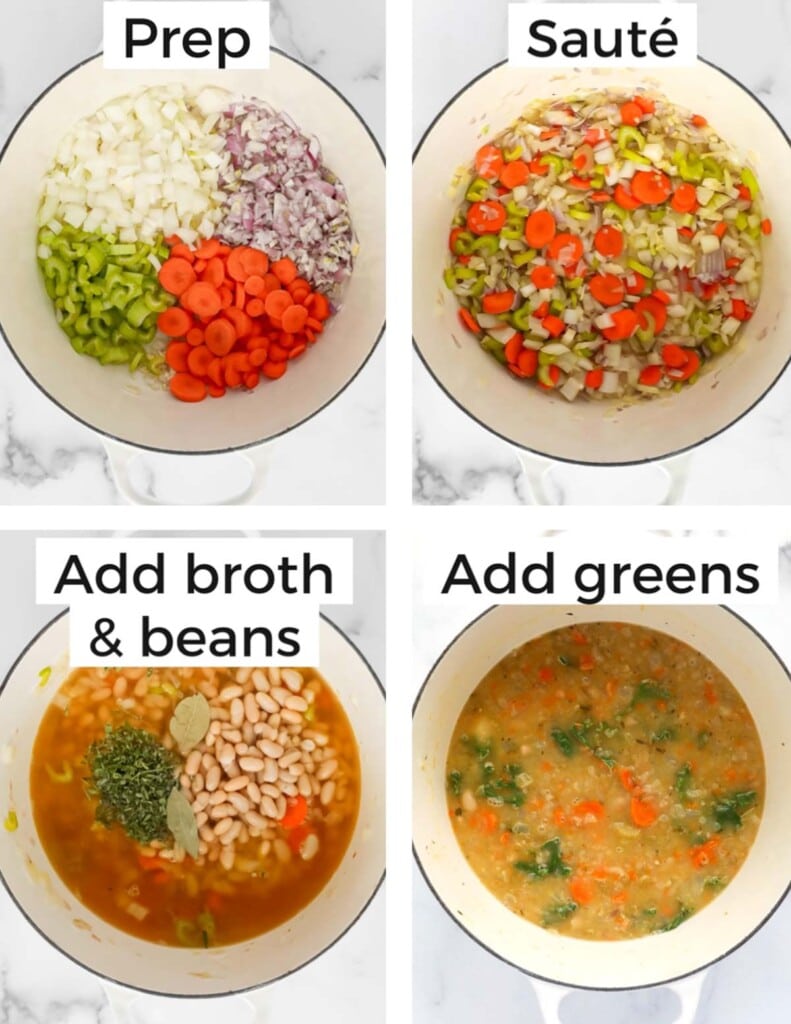A collage of four different pictures/stages of soup being cooked. Image 1: "prep" with raw, chopped vegetables in a large white pot. 2: "sauté" with the vegetables sautéed. 3: "Add broth & beans" there is broth and beans added to the pot. 4: "add greens" the soup is cooked and there is kale added to the pot.