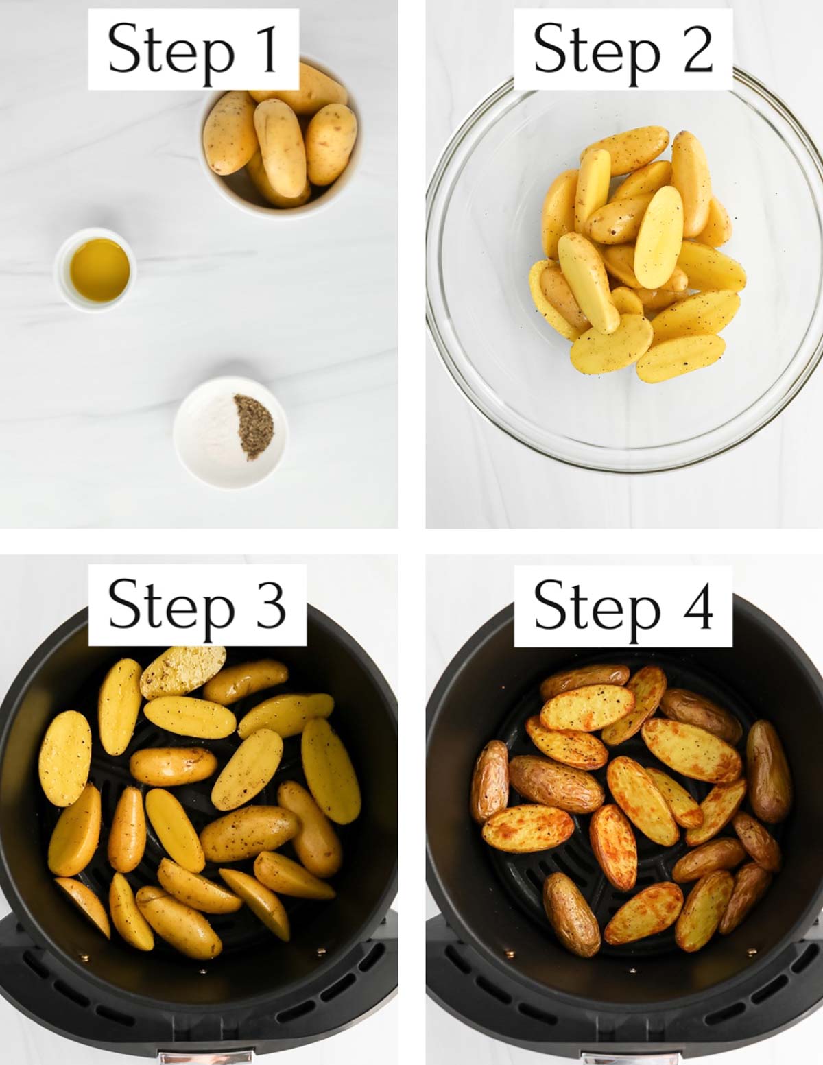 Four images labeled step 1-4. Step 1: ingredients in small white bowls, step 2: potatoes in a clear bowl, step 3: uncooked potatoes in an air fryer, step 4: cooked potatoes in an air fryer.