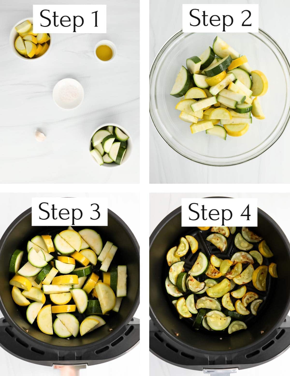 Four images labeled step 1-step 4. Image 1/step 1 is a picture of ingredients in small white bowls, step 2: yellow and zucchini squash in a clear bowl, step 3: the squash inside an air fryer, step 4: the squash cooked inside an air fryer.