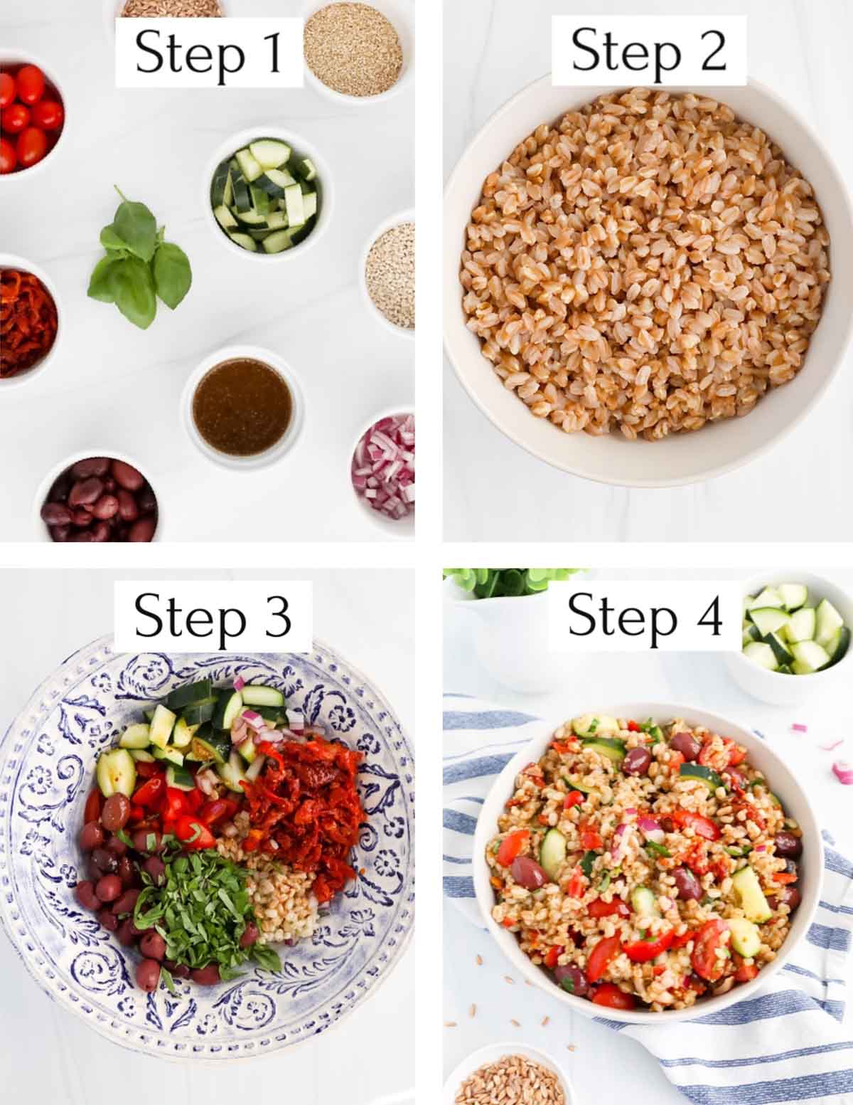 Four step-by-step pictures labeled step 1-step 4. Step 1: ingredients for a salad in small white bowls, step two: a bowl of grain, step 3: a bowl filled with cucumbers, olives, peppers, tomatoes, grains, and basil, step 4: all of the ingredients tossed together.