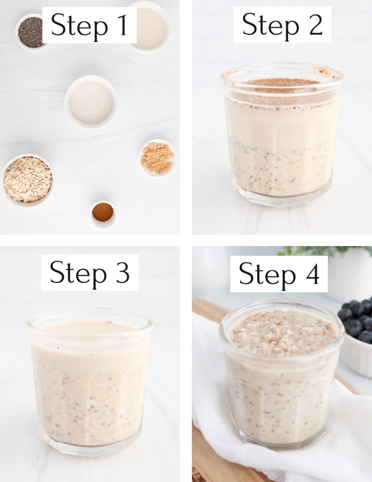 Four images in a collage labeled step 1-step 4. Step 1: ingredients in small white bowls, step 2: a clear jar with oat milk and unmixed ingredients, step 3: the clear jar now has ingredients mixed, step 4: the completed overnight oats in a clear jar.
