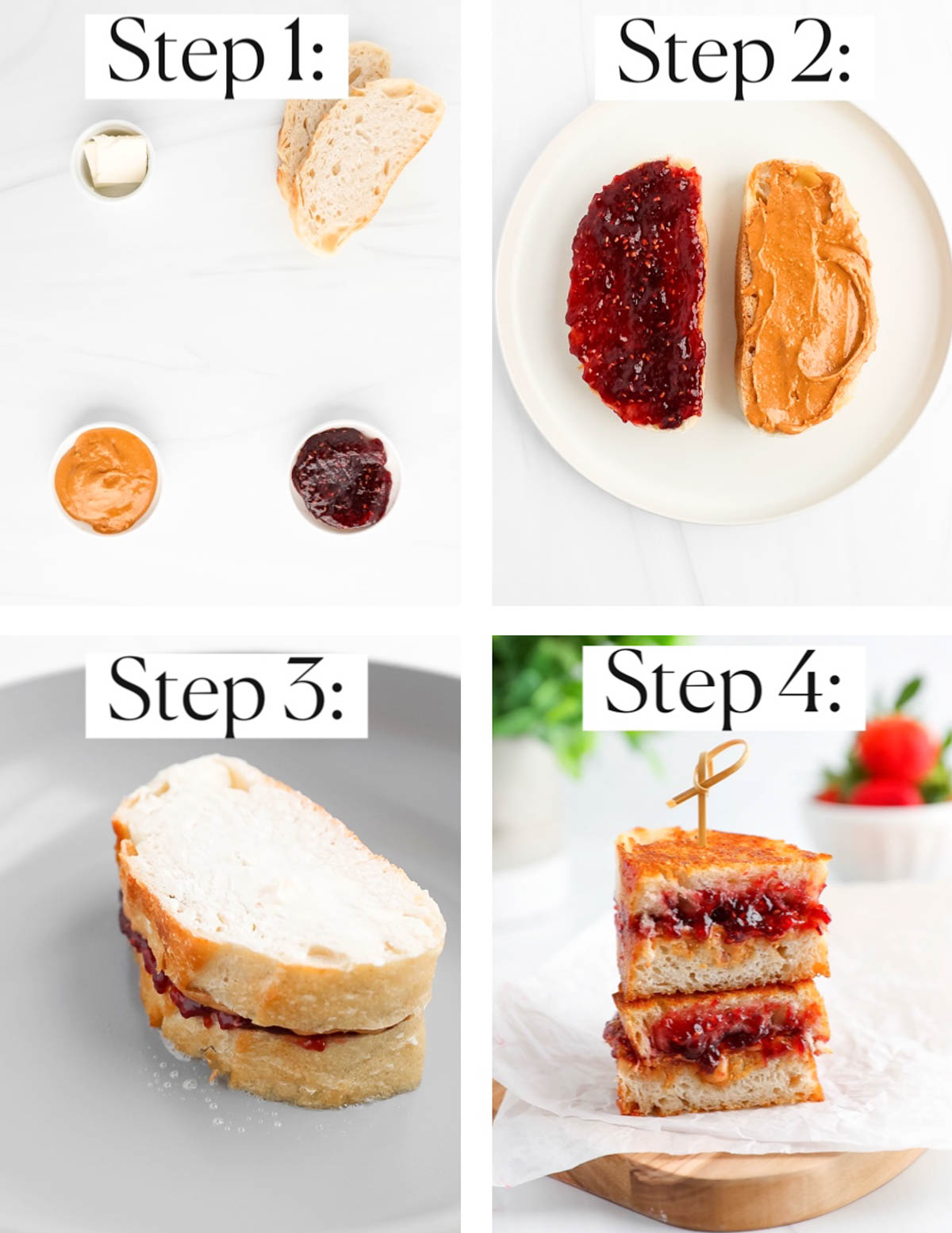 A collage of four step by step pictures. Step 1: ingredients on a white board, step 2: two slices of bread one with peanut butter on it and one with jelly on it, step 3: a peanut butter and jelly sandwich getting fried on a pan, step 4: a finished pb&j sandwich on a cutting board.