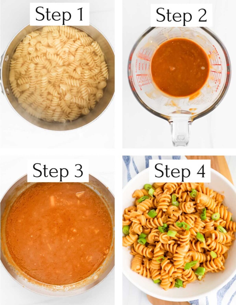 Four step-by-step images that are labeled step 1-step 4. Step 1: a pot filled with cooked pasta, step 2: a measuring cup filled with an orange/brown sauce, step 3: a pot filled with the orange/brown sauce, step 4: the sauce mixed in with spiral pasta.