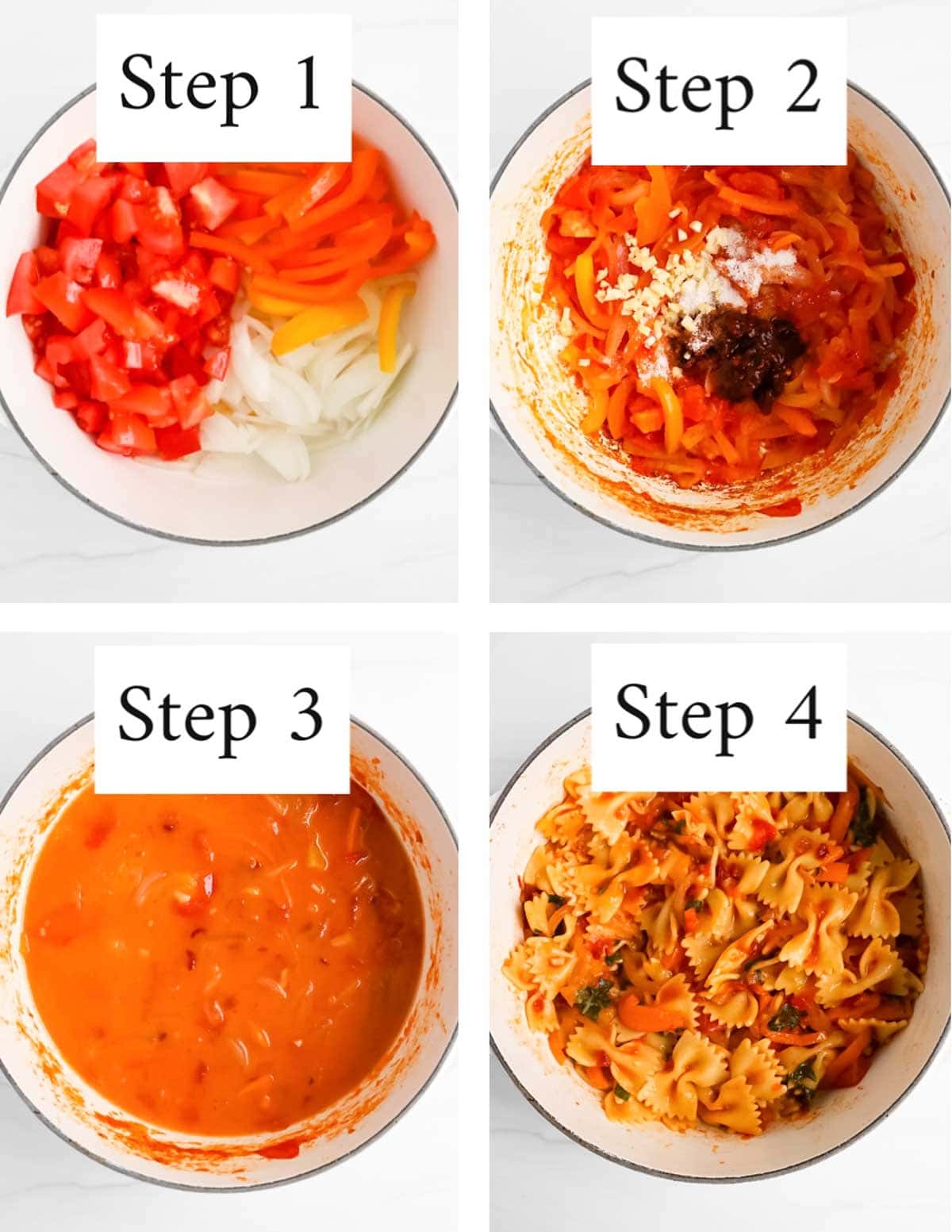 Four images labeled step 1-step 4. Step 1: a white pot filled with sliced bell peppers, onions, and tomatoes. Step 2: The peppers, onions, and tomatoes are cooked and have salt and chipotle peppers on top of them. Step 3: a white pot filled with a thick red sauce. Step 4: The sauce and vegetables are tossed in with bowtie pasta.
