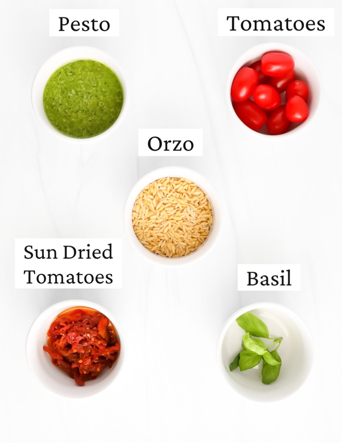 Labeled ingredients in small white bowls including: pesto, tomatoes, orzo, sun dried tomatoes, and basil.