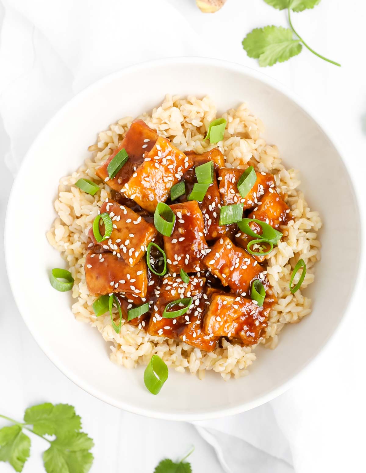 Sauce-coated tofu over cooked rice that is garnished with sesame seeds and green onion slices.