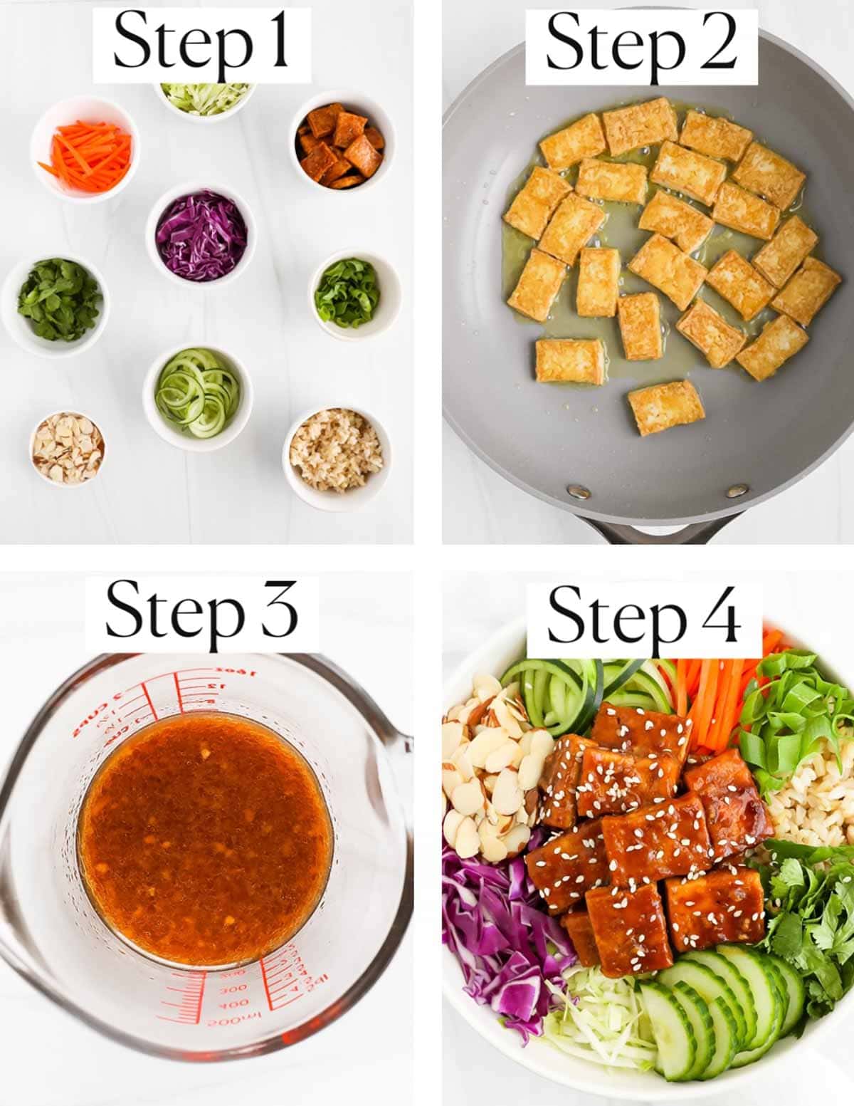 A collage of four images labeled "step 1-step 4". Step 1: vegetables, rice, and tofu in small white bowls. Step 2: tofu cooking in a pan. Step 3: sauce mixed in a measuring cup. Step 4: A finished power bowl with carrots, cucumber, cabbage, almonds, rice, and tofu.
