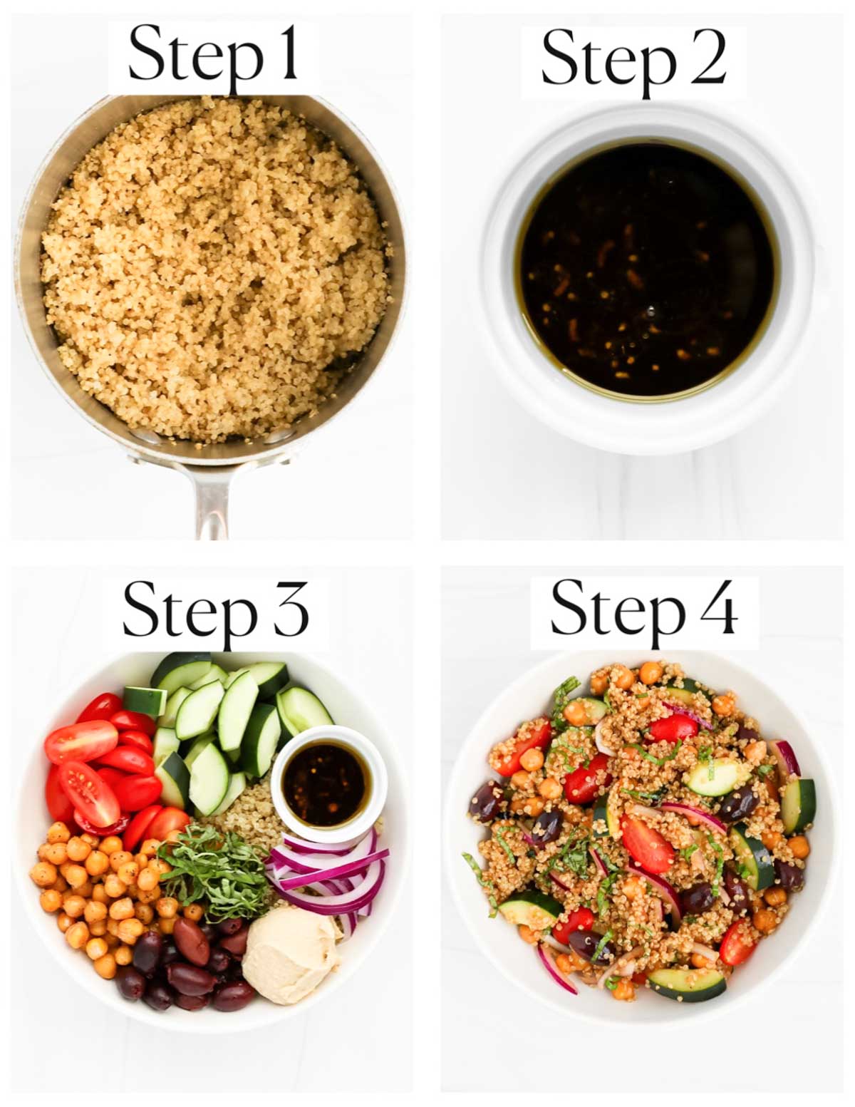 A collage of four images labeled "step 1-step 4". Step 1: cooked quinoa in a pot. Step 2: balsamic dressing in a small white bowl. Step 3: ingredients including vegetables, quinoa, hummus, and herbs, sectioned off in a white bowl. Step 4: all ingredients mixed together in a bowl.