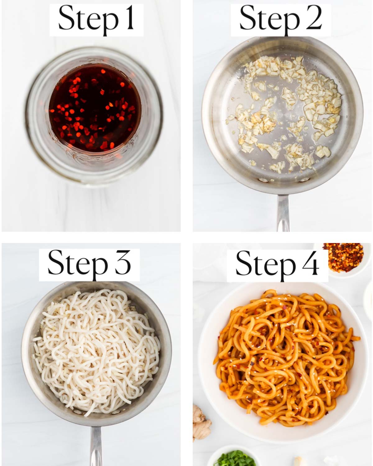 A collage of four images labeled, "step 1-step 4". Step 1: brown sauce in a cup. Step 2: garlic and ginger in a pan. Step 3: noodles in a pan. Step 4: finished noodles coated in a brown sauce.