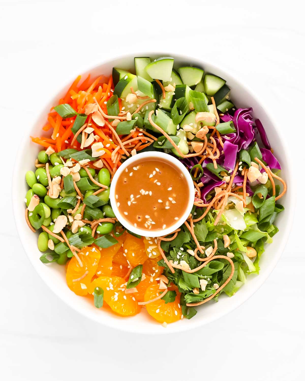 Salad in a bowl divided into ingredient sections including: cucumbers, cabbage, lettuce, oranges, edamame, carrots, and sauce.