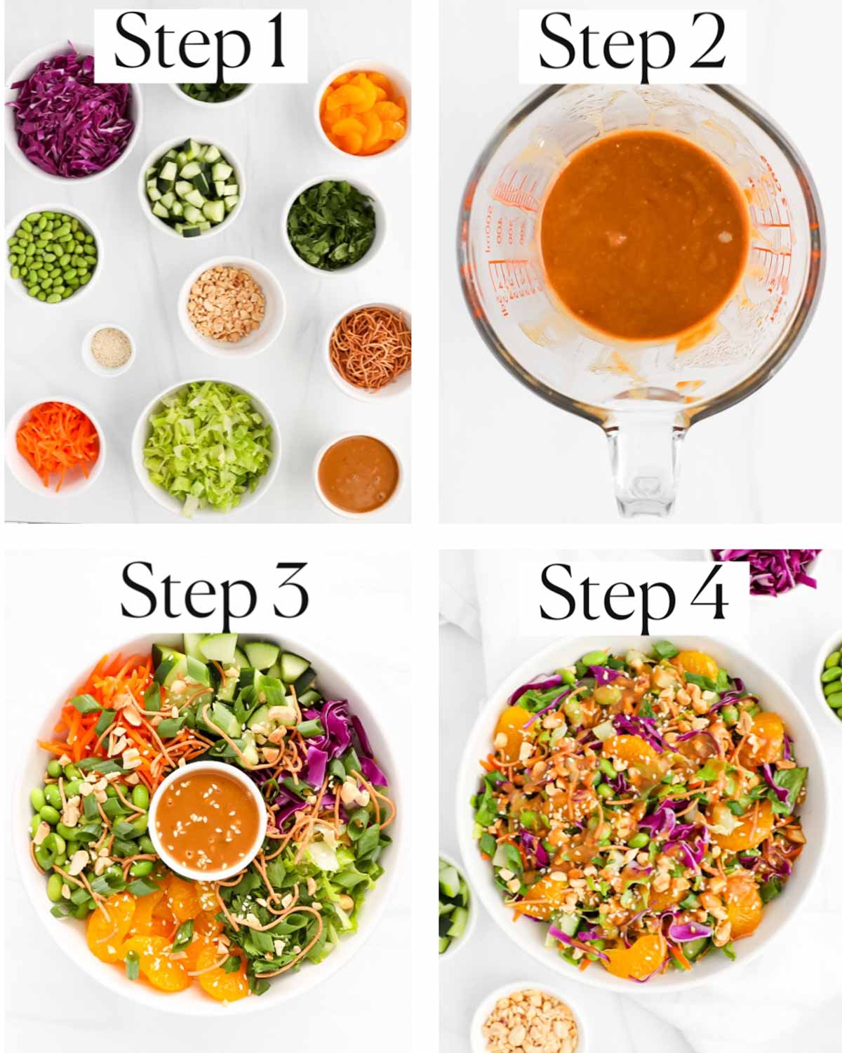 A collage with four images labeled "step 1-step 4". Step 1: ingredients in small white bowls, step 2: peanut sauce in a measuring cup, step 3: ingredients for salad divided in a large white bowl, step 4: salad tossed together.