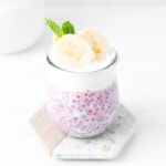 Strawberry banana overnight oats with fresh bananas, vanilla yogurt, and fresh mint.
